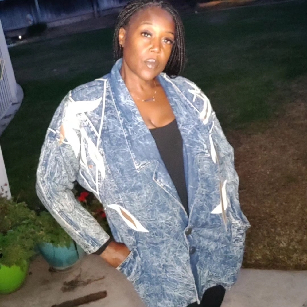Vintage Monique Fashion 80s Acid Wash Embellished Jean Jacket 7/8 Medium